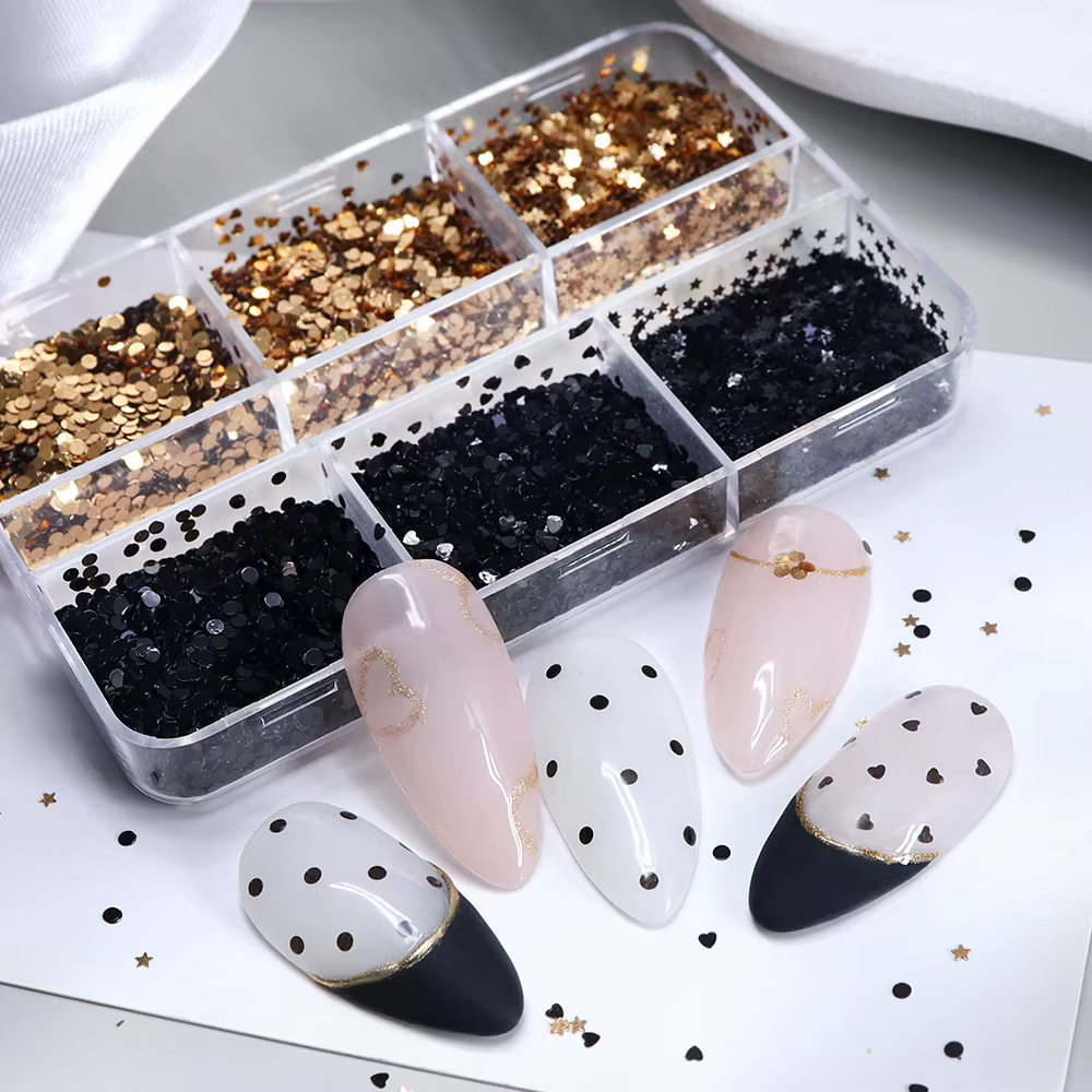 Noir or à pois Nail Art paillettes