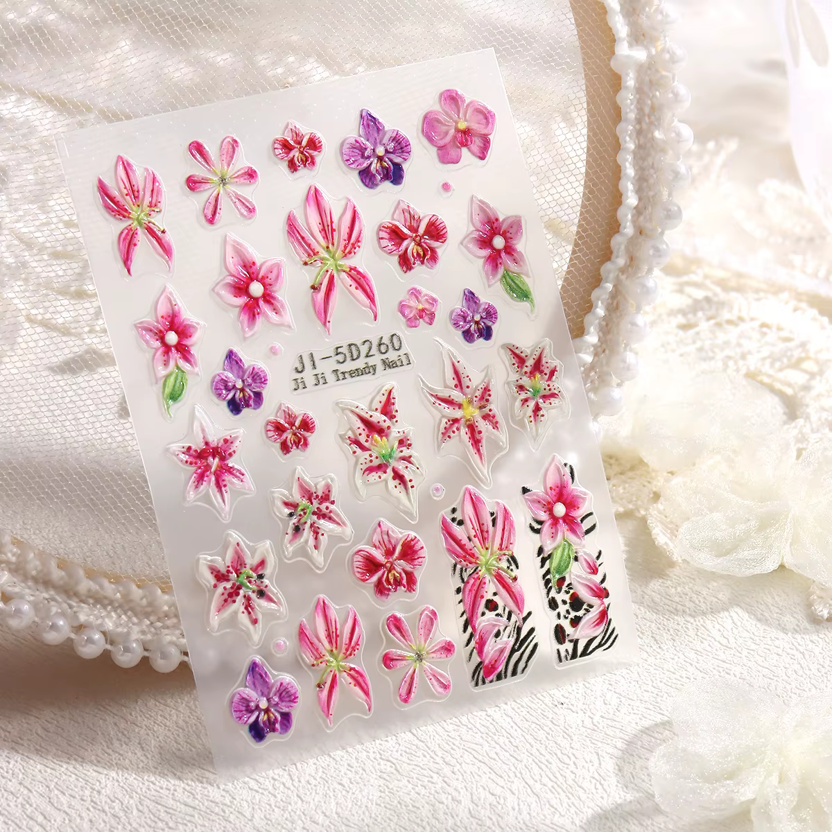 Autocollants pour ongles 5D printemps-été à motifs floraux roses et léopard
