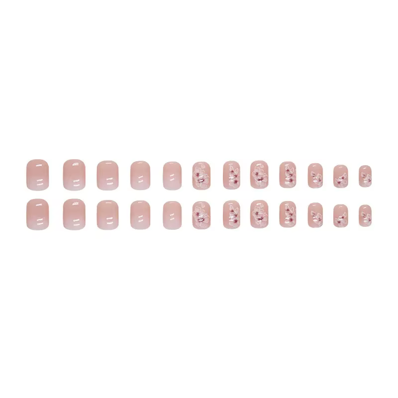 24 pièces d'ongles français courts à fleurs dégradées simples avec 1 colle gelée et 1 lime à ongles