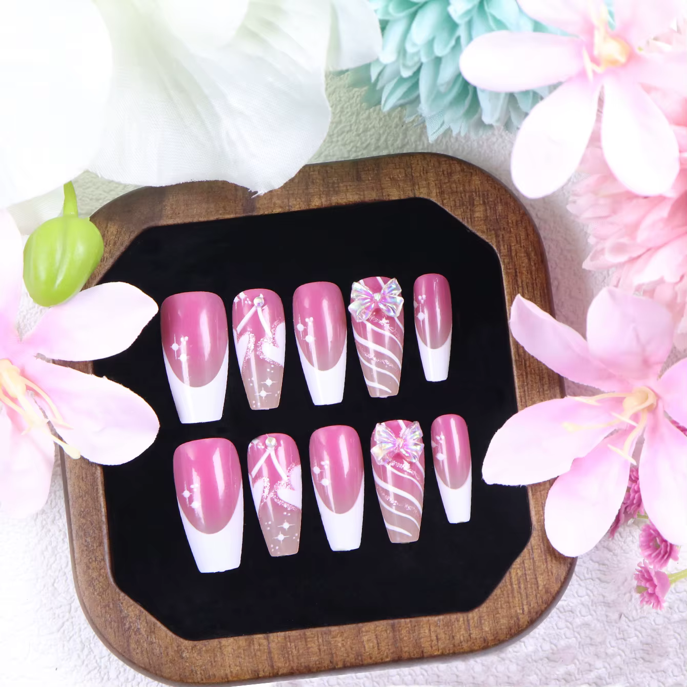 10 pièces longues Ballet mat français blanc bordure rose ongles acrylique