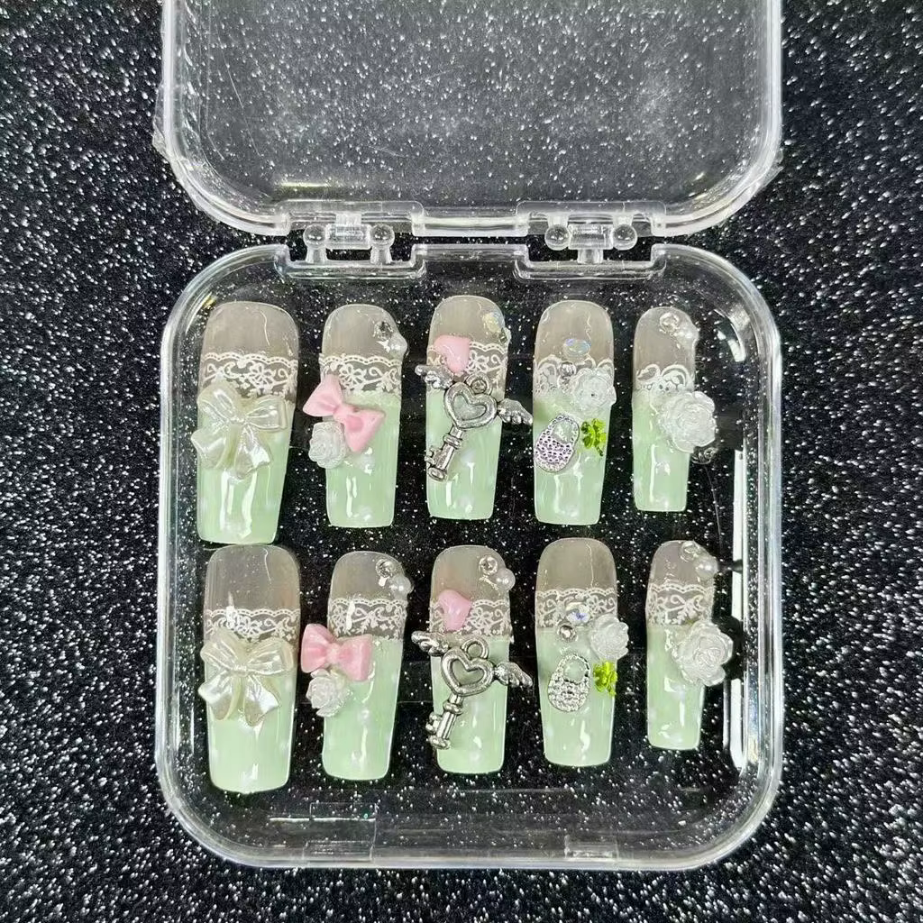 Faux ongles à presser faits main Y2K Rétro Gyaru en dentelle française verte