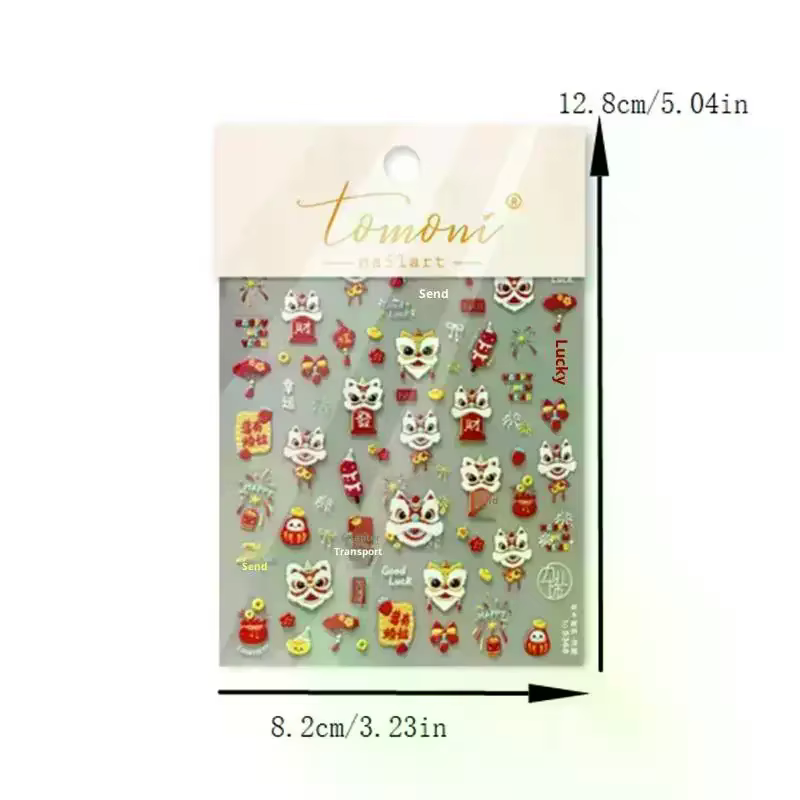 Mignon nouvel an chinois cheval année Lion danse arc Nail Art impression autocollants chanceux poney manucure décalcomanies festif en relief décor d'ongle