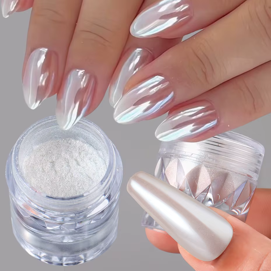 Poudre à ongles en forme de perle chromée blanche