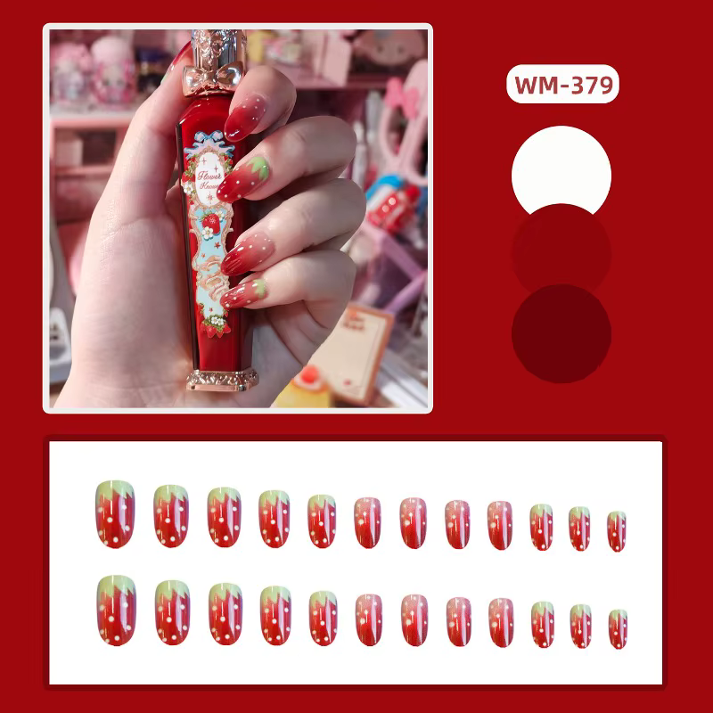 24 pièces doux rouge tache français portable presse sur ongles mignon fraise à pois court ovale faux
