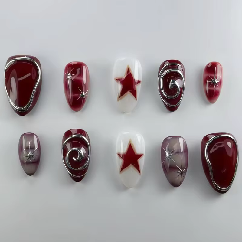 24 pièces rouge étoile imprimer faux ongles doux Cool court amande presse
