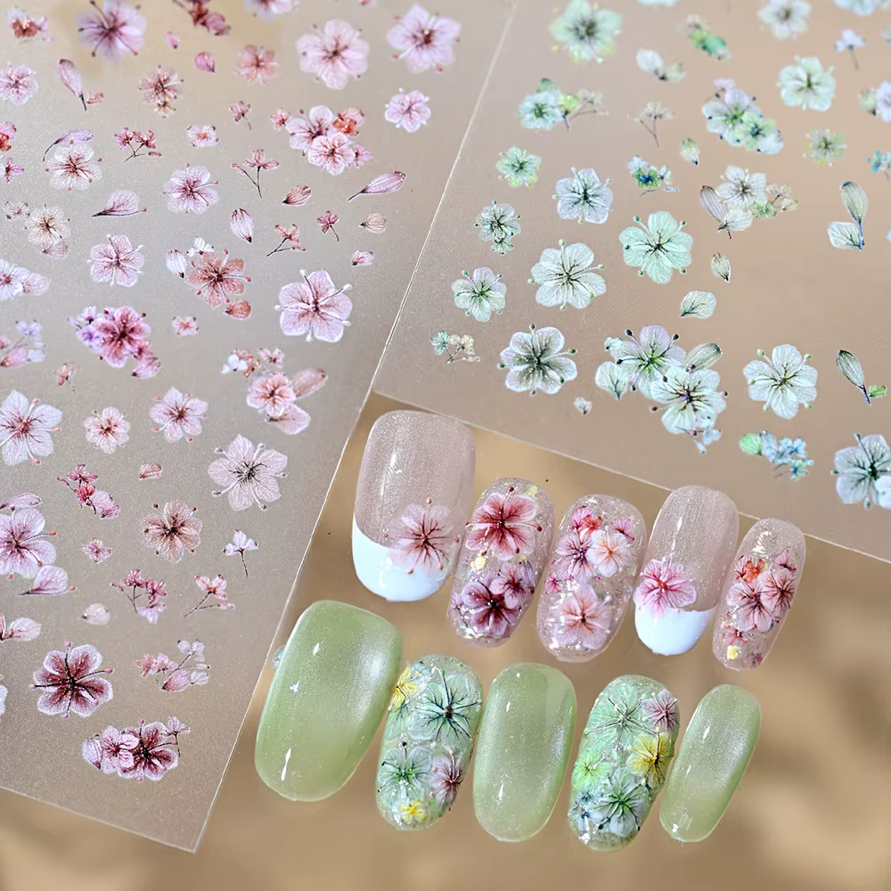 Autocollants 5D pour ongles à fleurs séchées colorées Rose/Bleu/Violet/Vert/Jaune – Décorations florales mignonnes pour manucure printanière
