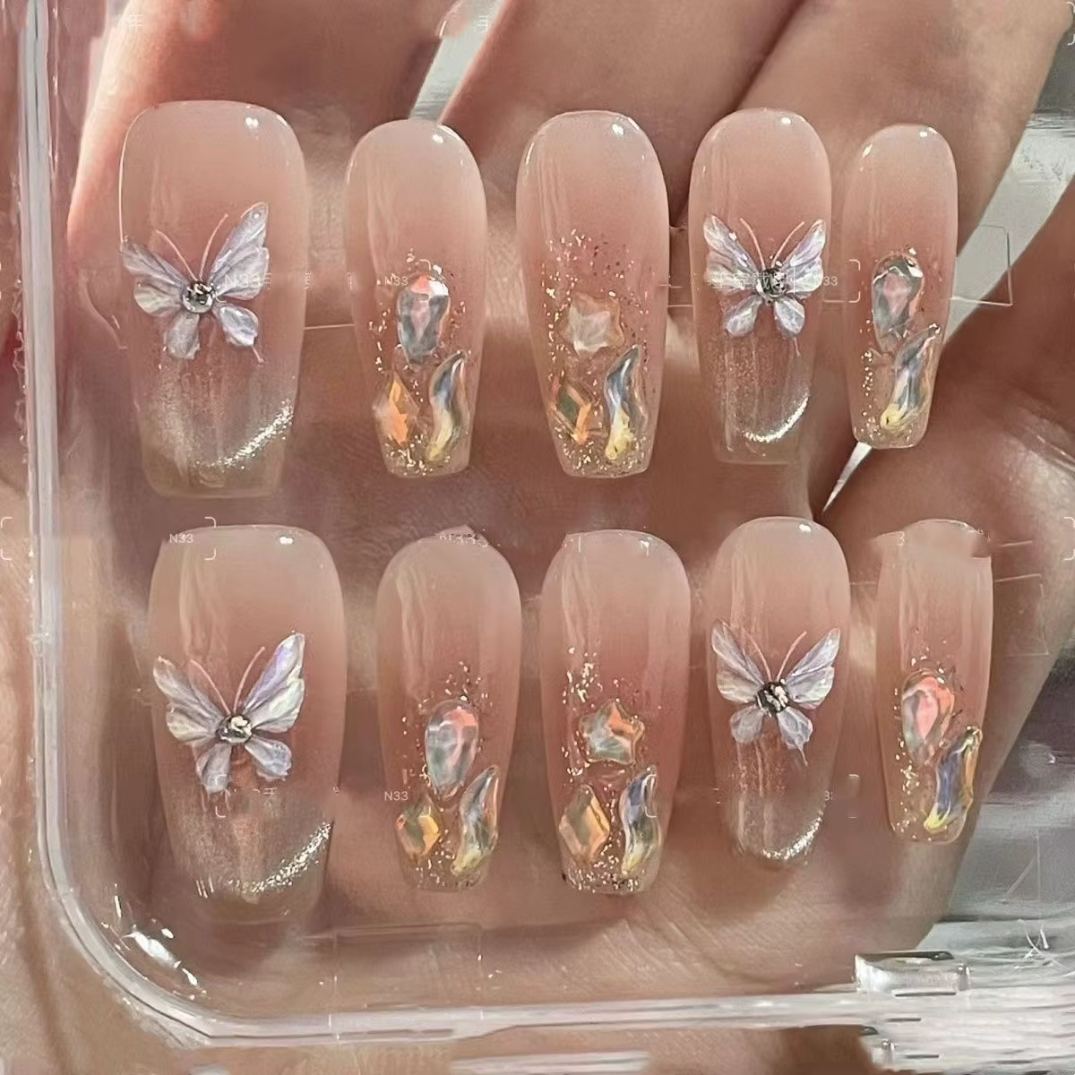 10 pièces Aurora oeil de chat presse à la main sur les ongles rose fleur de cerisier faux