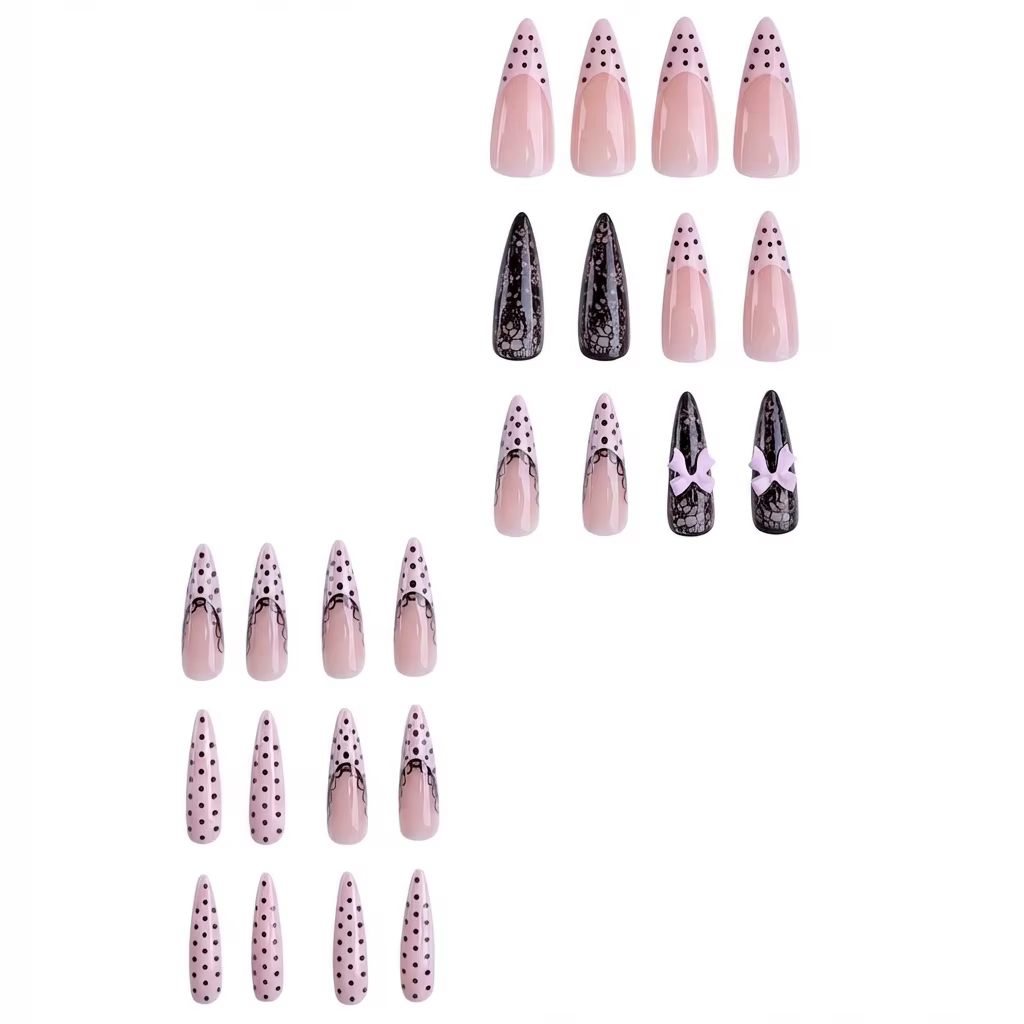24 faux ongles français à pois avec nœud papillon