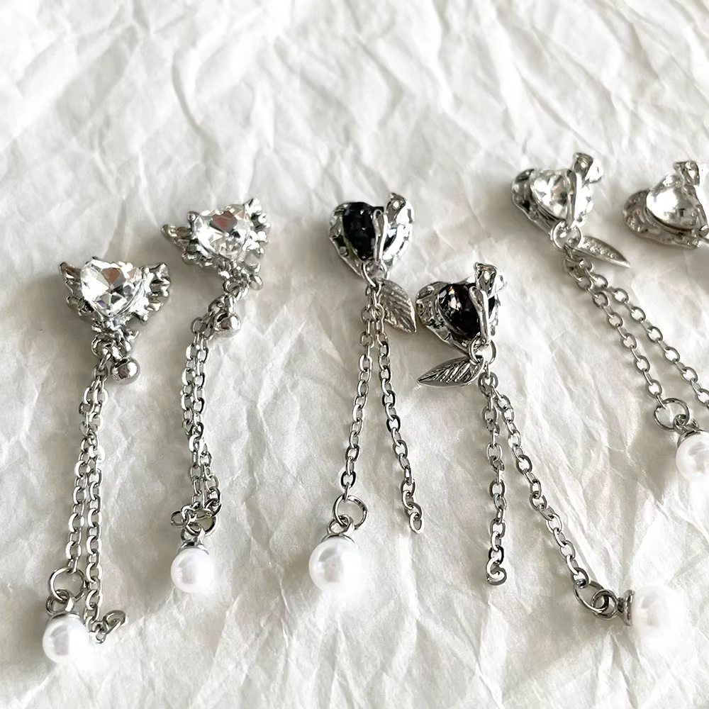 Rose Guard- Design Unique manucure longs pendentifs coeur verre cristal chaînes métalliques bijoux perles gouttes