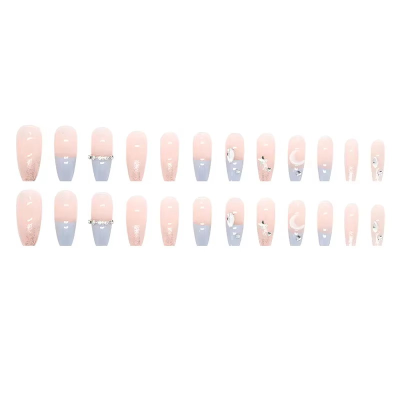 Sel de mer bleu clair 24 pièces presse sur ongles rose dégradé faux