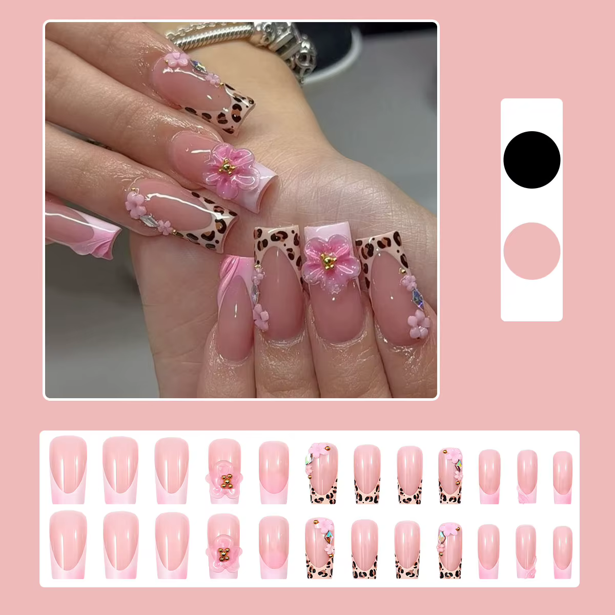 Faux ongles longs et carrés à pression française imprimé léopard avec perles dorées 3D colle à fleurs en relief