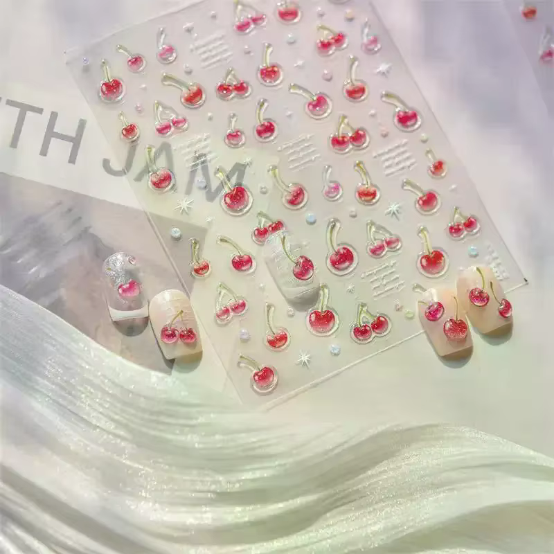 Autocollant d'art d'ongle de cerise rouge de gelée douce gaufrage fille femmes