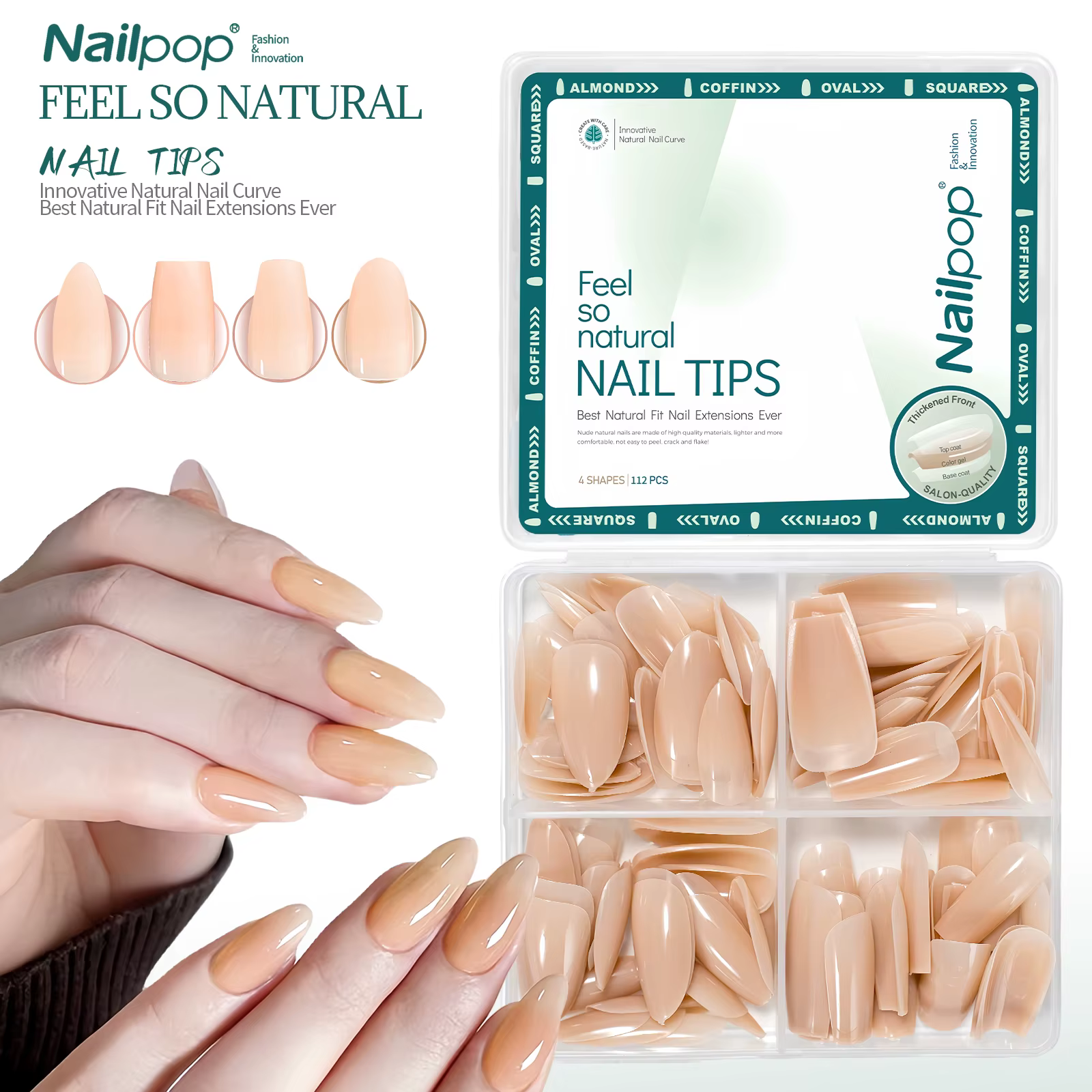 NAILPOP 4 formes 112 pièces couleur nue presse sur ongles naturel pré-coloré Gel