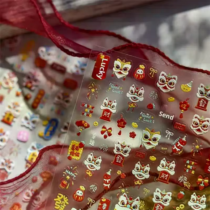 Mignon nouvel an chinois cheval année Lion danse arc Nail Art impression autocollants chanceux poney manucure décalcomanies festif en relief décor d'ongle