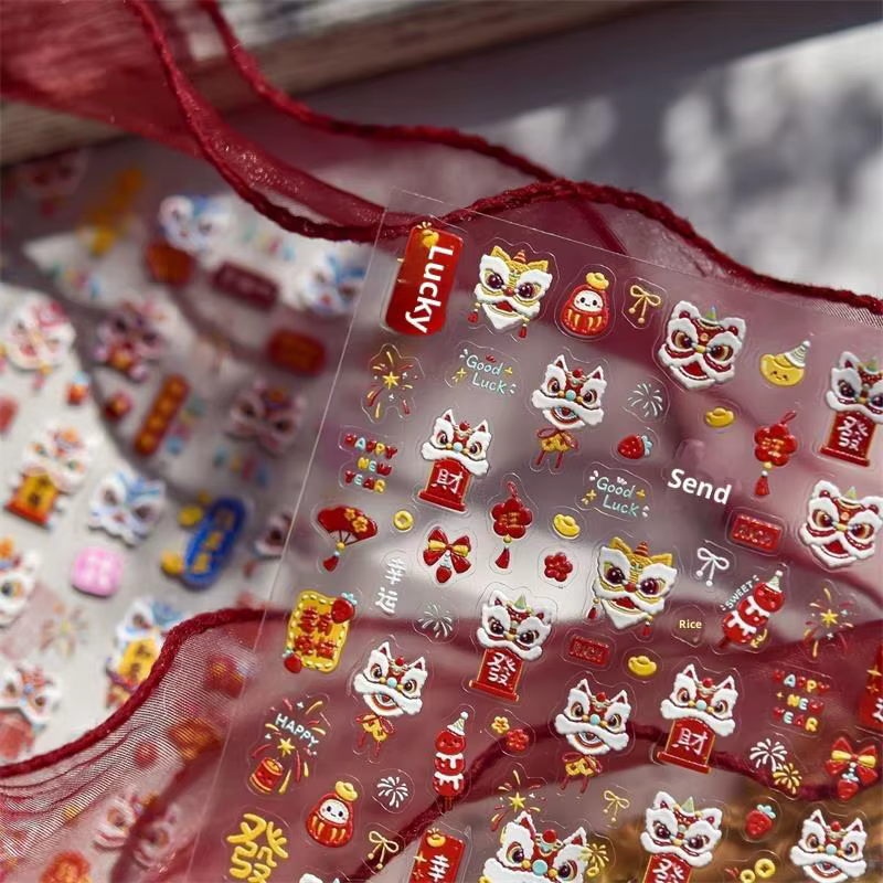 Mignon nouvel an chinois cheval année Lion danse arc Nail Art impression autocollants chanceux poney manucure décalcomanies festif en relief décor d'ongle