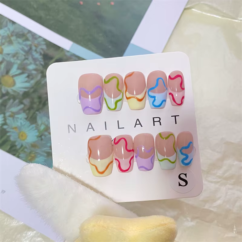 10 pièces à la main coloré français presse sur ongles Macarone Puzzle conception faux