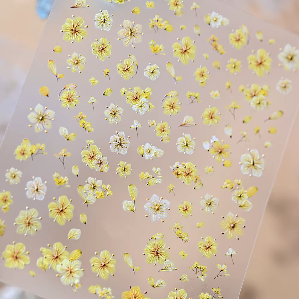 Autocollants 5D pour ongles à fleurs séchées colorées Rose/Bleu/Violet/Vert/Jaune – Décorations florales mignonnes pour manucure printanière