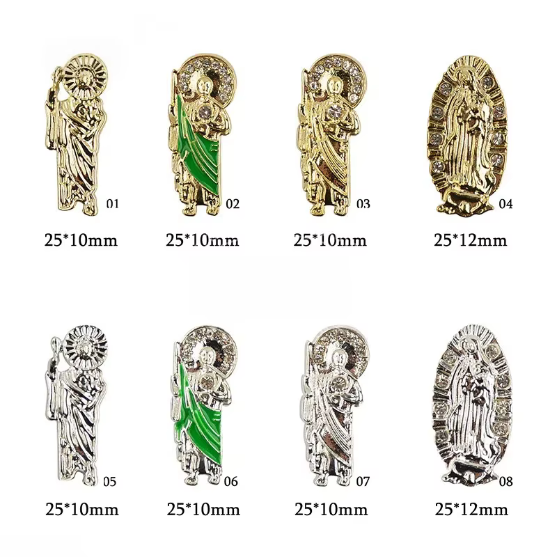 12 pièces ongles alliage exquis jésus prêtre vierge marie soulagement strass décoration d'ongle thème religieux