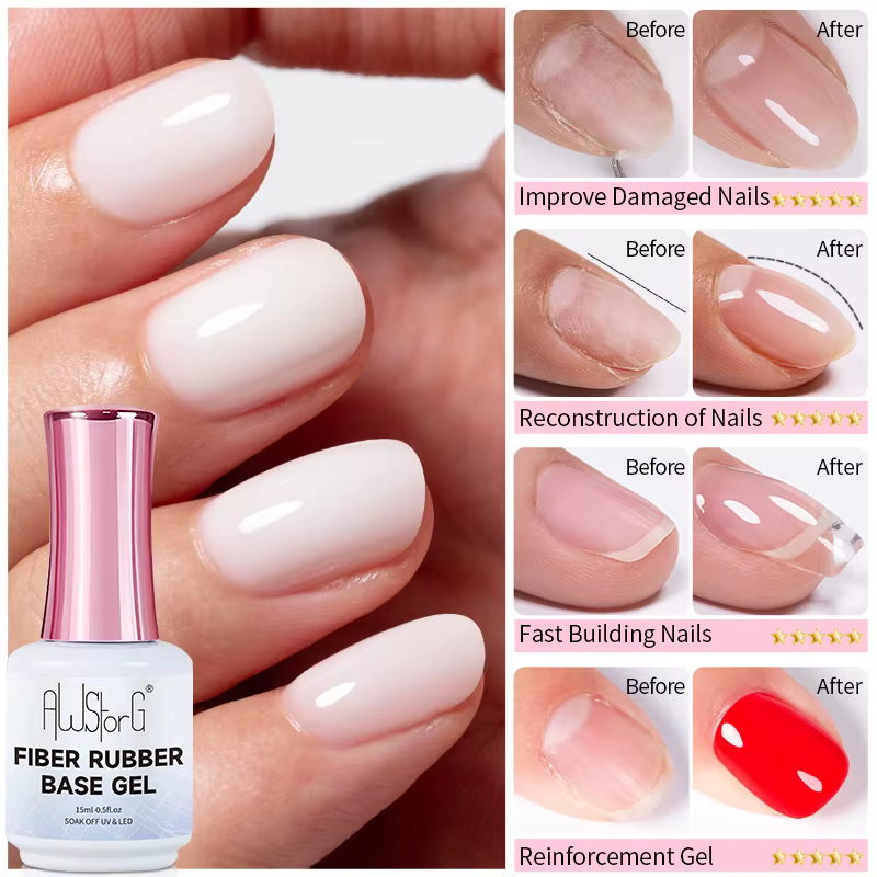 AWStorG 15ML Gel de Base en Fiber de caoutchouc pour ongles cassés réparés en fibre de verre clair Construction rapide