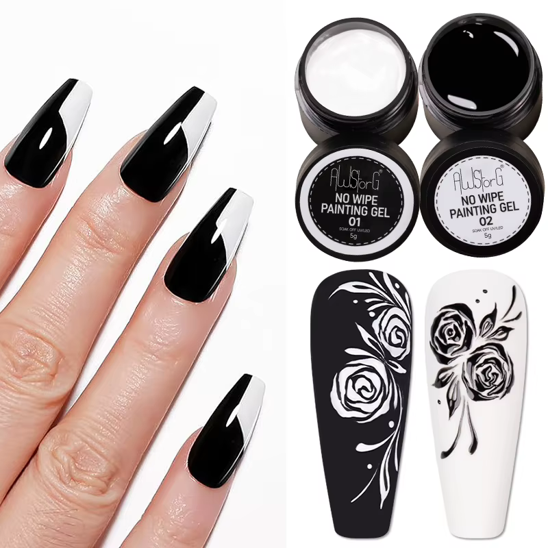 AWStorG 2 pièces sans lingette peinture Gel pour Nail Art tremper UV LED Gel blanc noir 5g longue durée Gel pour ongles