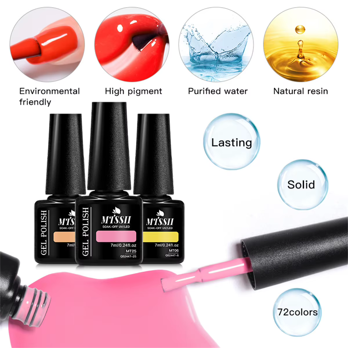 Lot de 6 vernis à ongles gel couleur unie 7ml – Collection Printemps-Été – Paillettes Noir Blanc Rouge – Semi-permanent UV Soak Off