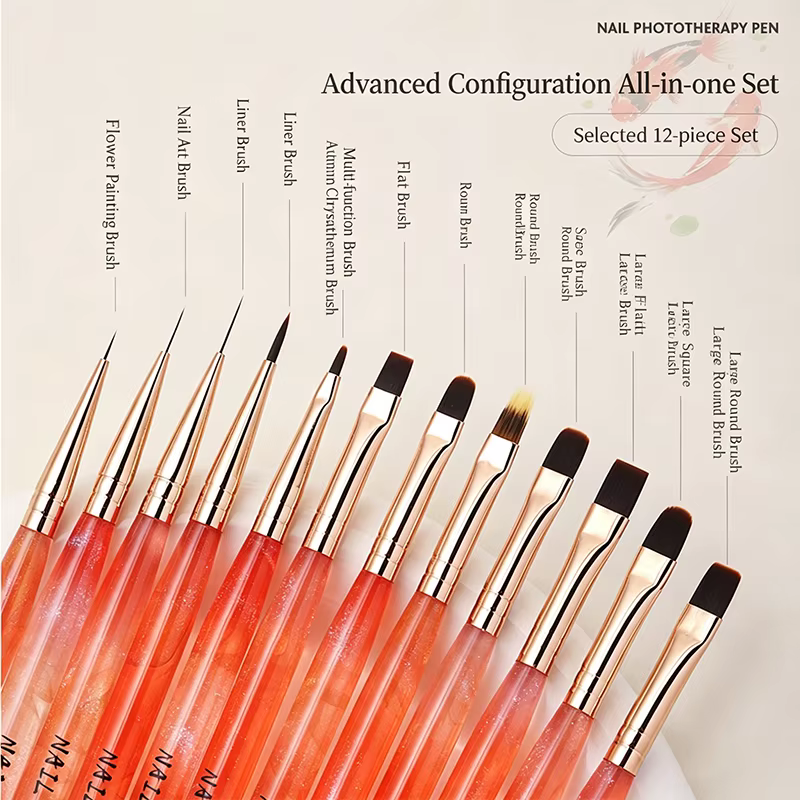 Ensemble de 13 pinceaux à ongles transparents Orange Koi