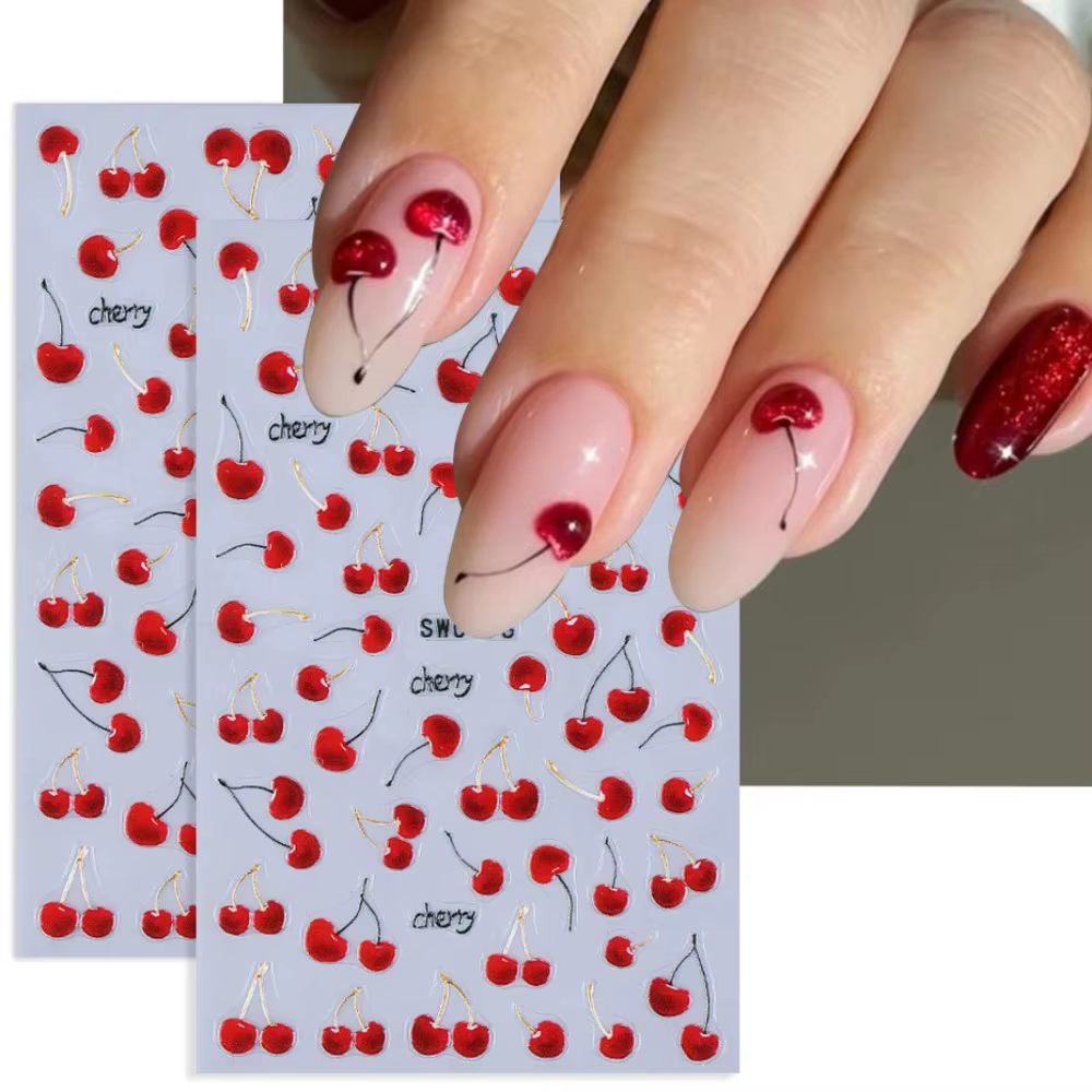 2 autocollants pour ongles en cerise rouge