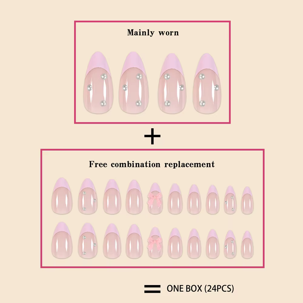 Nouveautés 24 pièces taille courte goutte d'eau française bords roses et nœuds de perles filles femmes ensemble de faux ongles portables