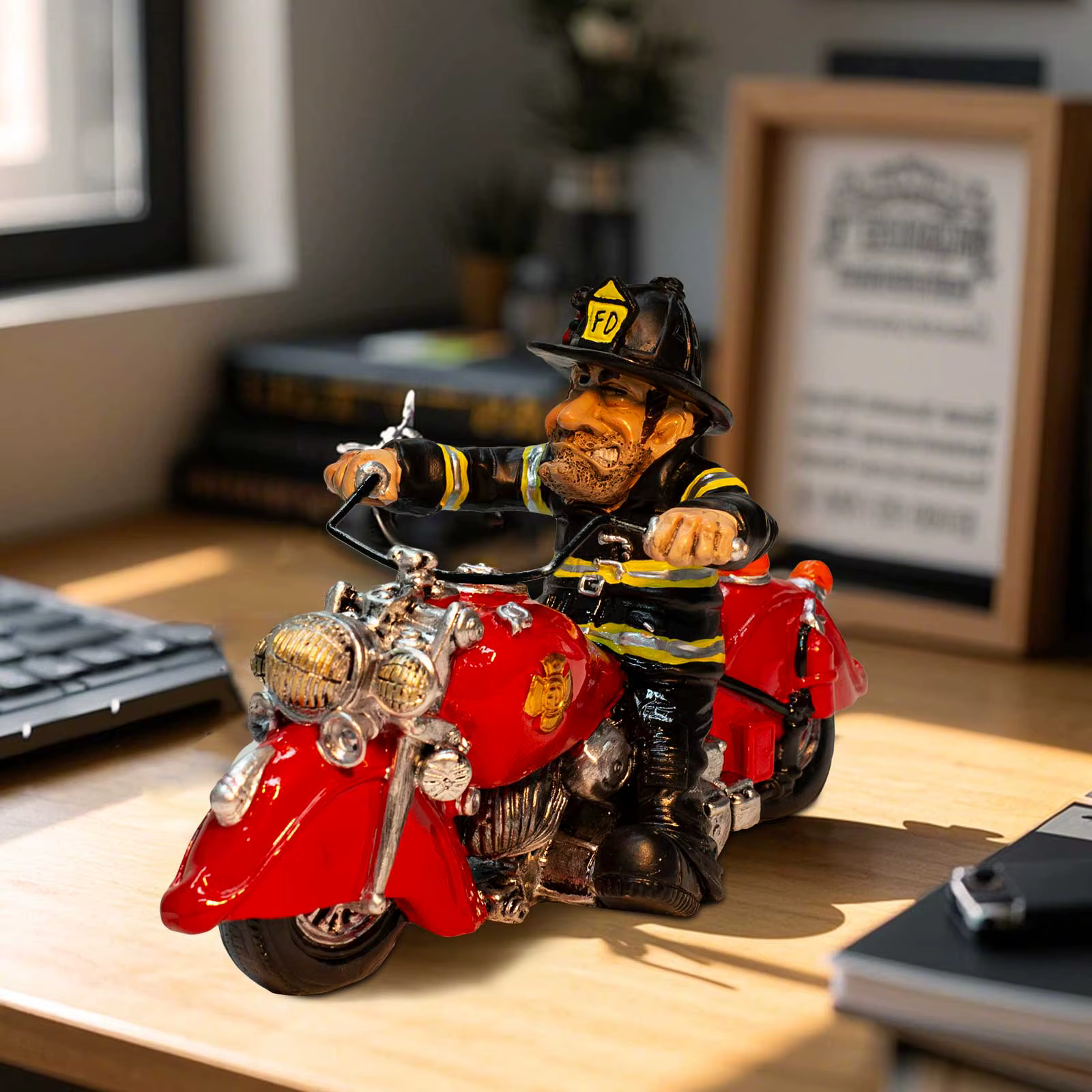 Figurine de pompier de moto, modèle de pompier FD Unique à collectionner, décoration de bureau parfaite, Sculpture de moto de pompier Vintage rouge