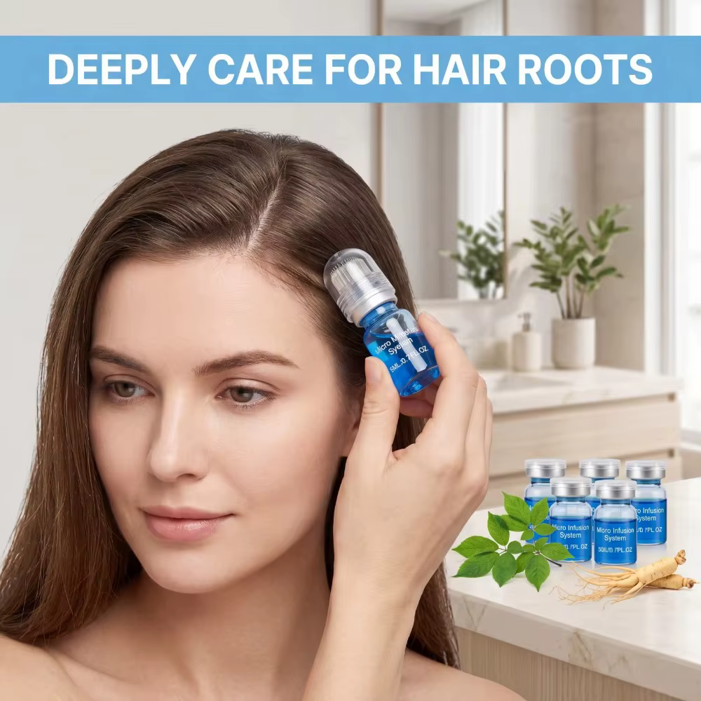 Kit de soins capillaires à micro-aiguilles pour usage domestique, contenant un sérum nutritif, formule douce pour l'entretien quotidien du cuir chevelu