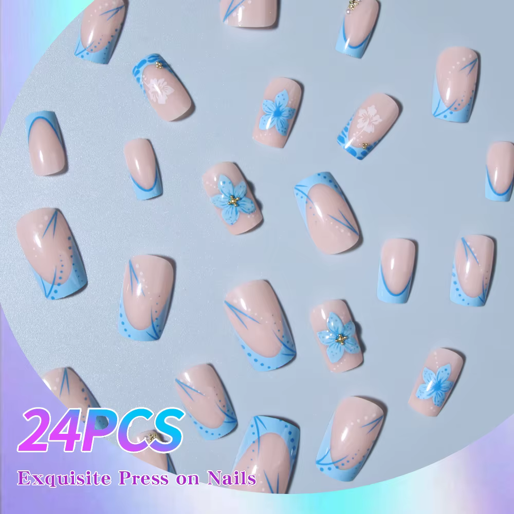 24 pièces court carré 3D Gel ongles fait avec perle décoration Design bleu clair français acrylique presse