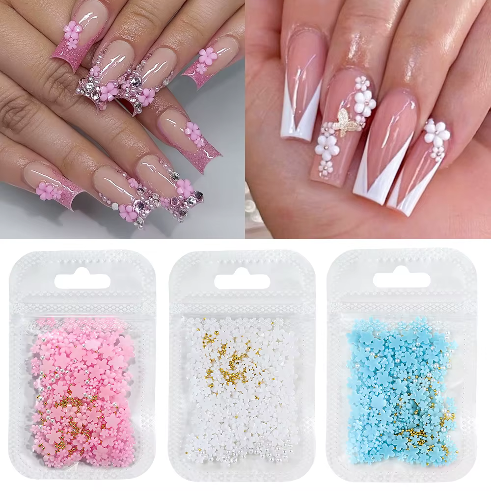 Décorations pour ongles en forme de fleur acrylique blanche 3D