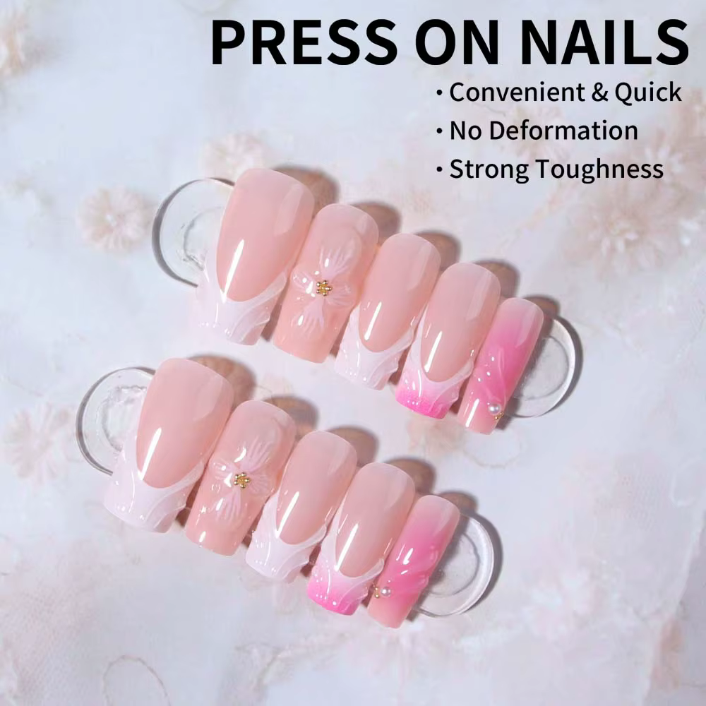 24 pièces Long carré 3D tridimensionnel Gelnail fait des ongles de fleur avec perle décorer conception blanc français