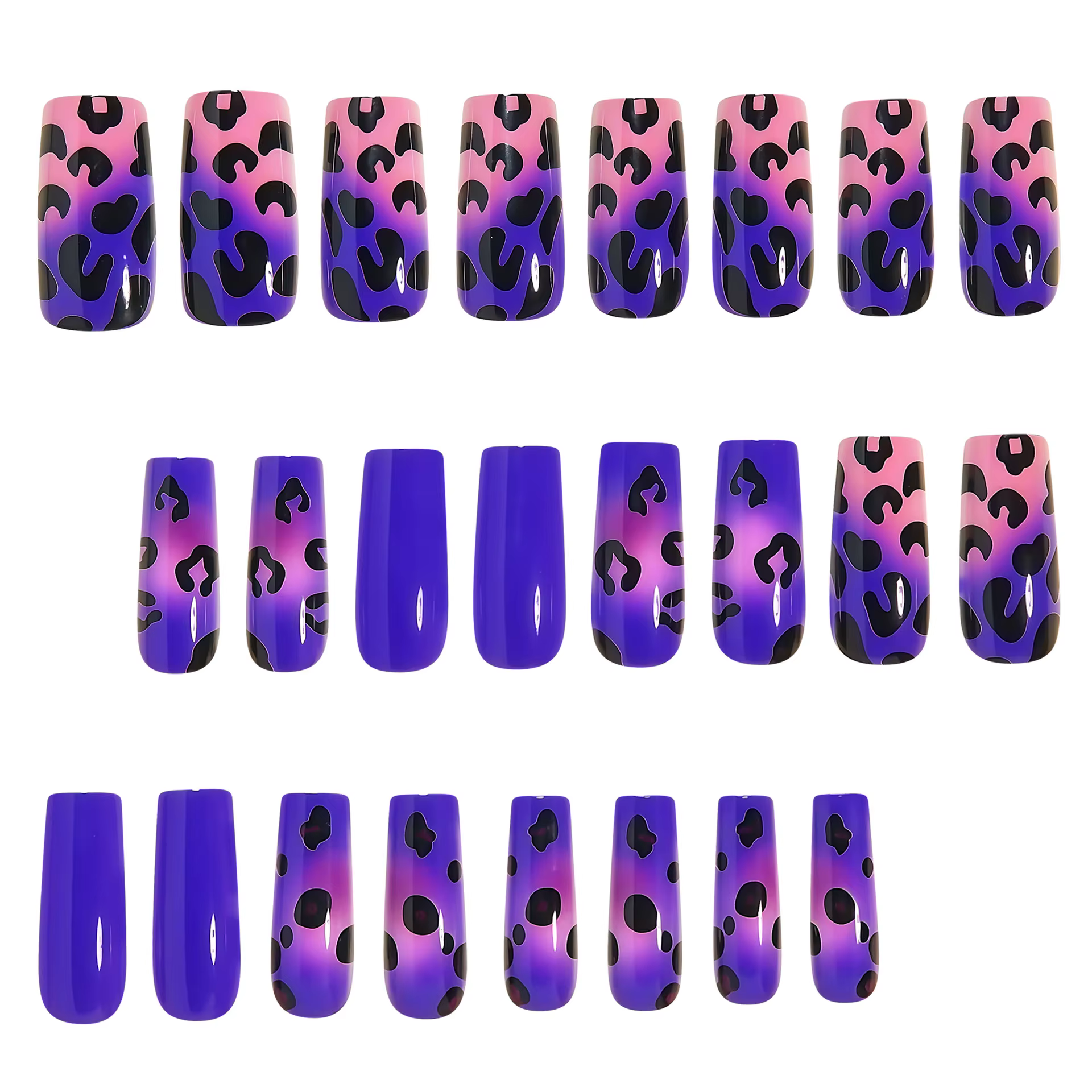 Faux ongles moyens pour femmes et filles, dégradé violet bleu vert rouge noir imprimé léopard, pointes carrées en amande à pression
