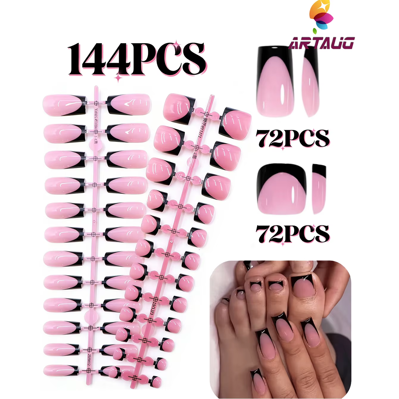 144 pièces de faux ongles carrés noirs brillants