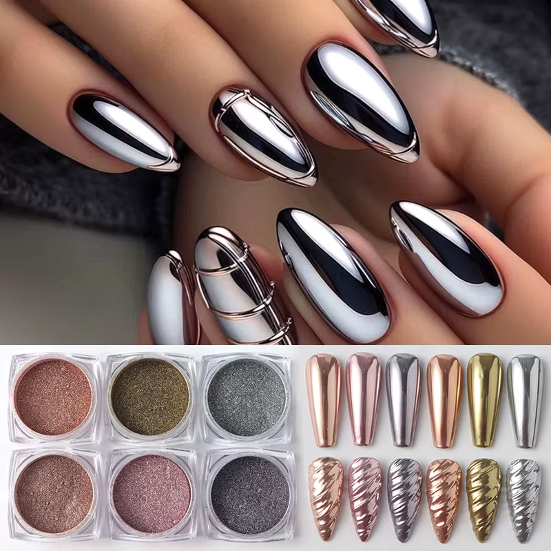 Poudre à ongles chromée or argent Rose
