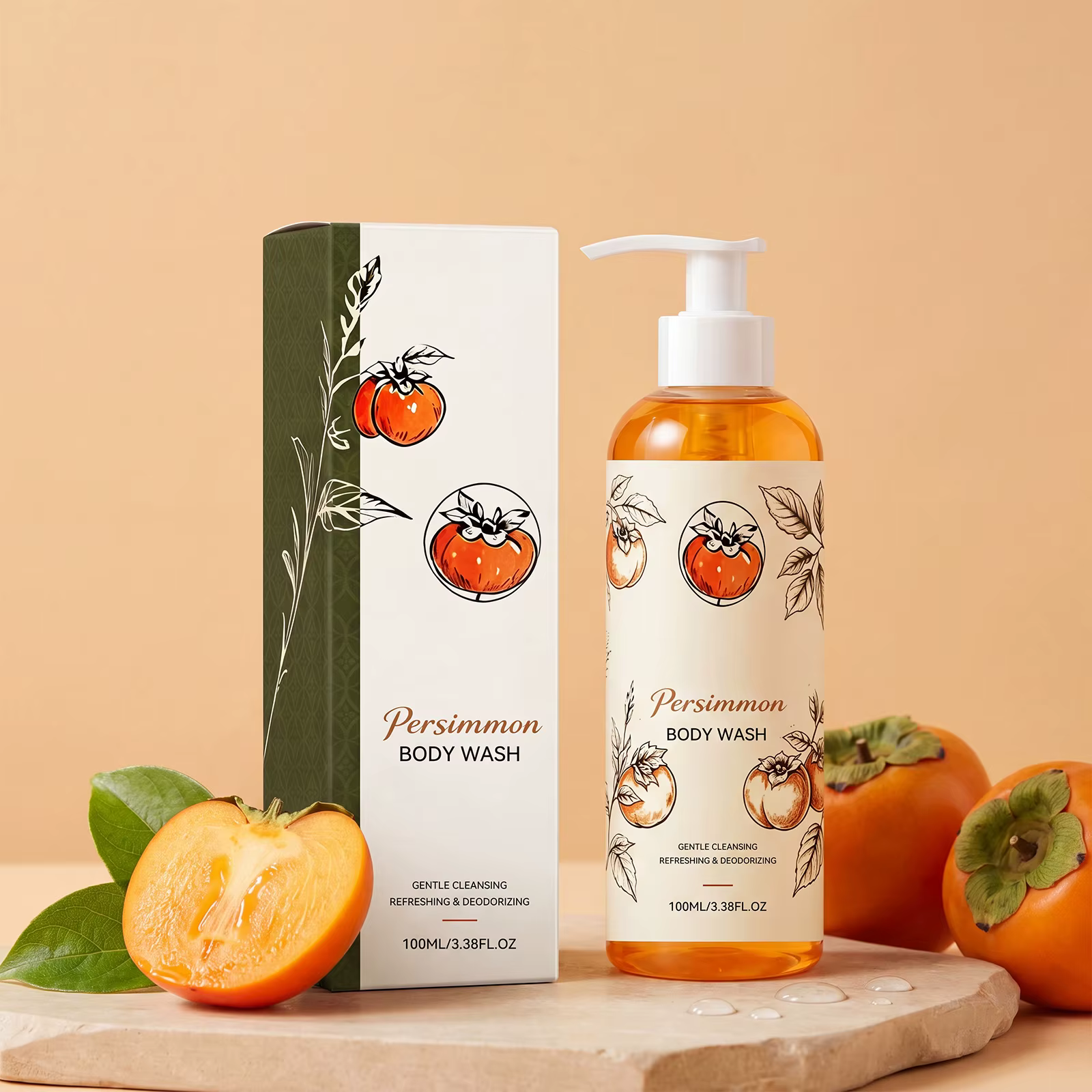 Gel douche au kaki, nettoyant doux, soin de la peau, hydratant en profondeur, rafraîchissant, pour tous les types de peau, fluide de bain