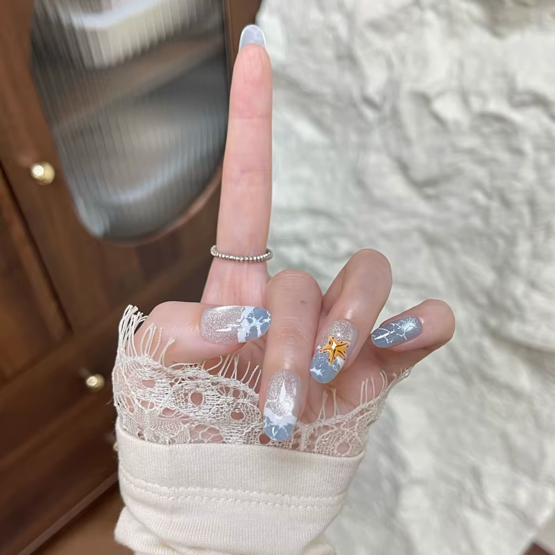 10 pièces 【Ocean Love】 Faux ongles à presser effet œil de chat