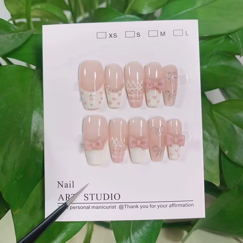 10 pièces brillant doux rose français à la main presse sur les ongles avec nœud papillon 3D mignon moyen cercueil faux