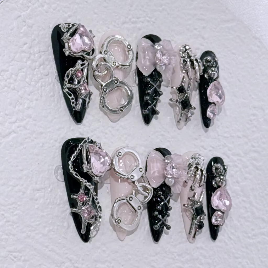 Shibuya Menhera Noir Rose Longue Pointe Faux Ongles Y2k Spice Girl Doux Cool
