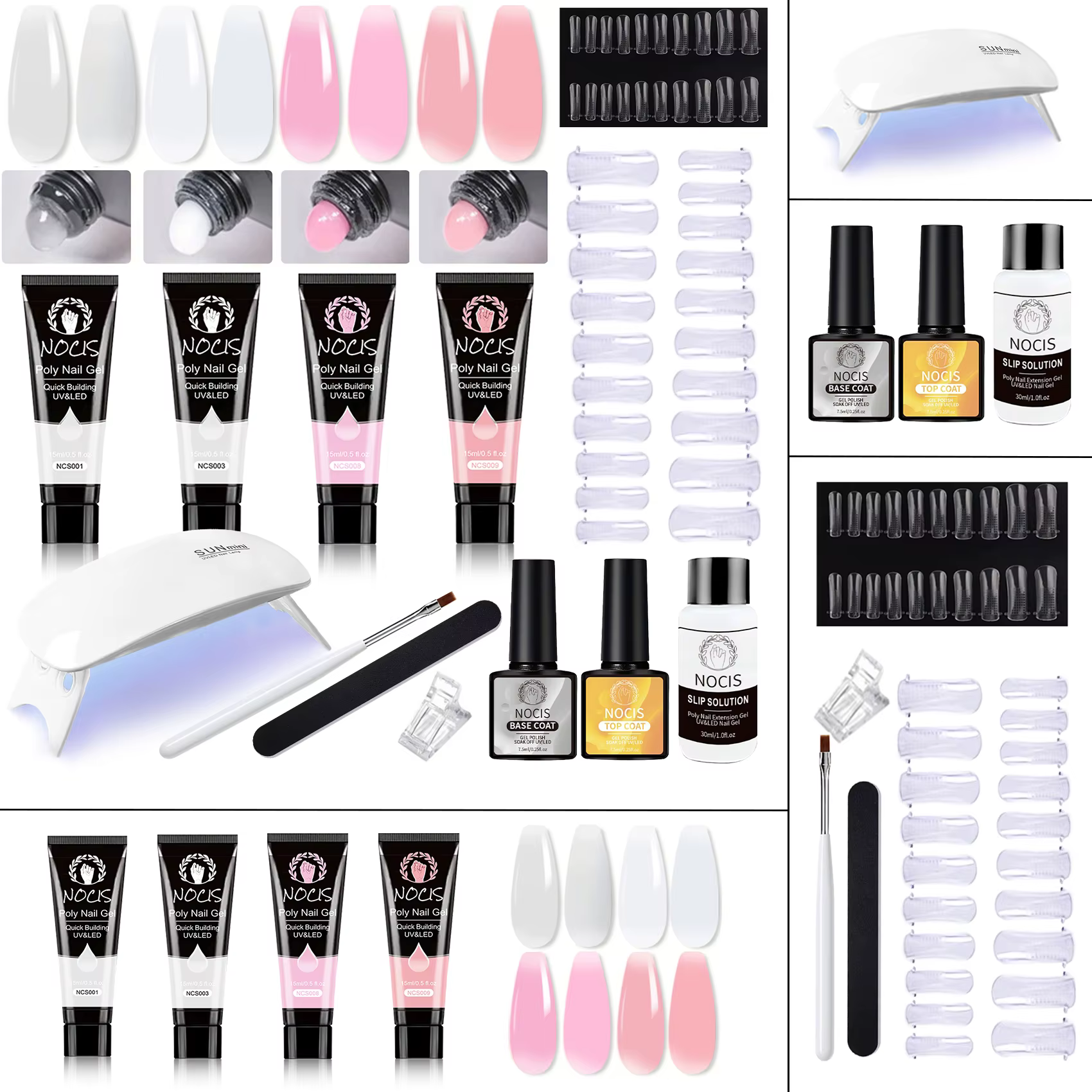 Kit d'extension d'ongles en polygel 4 couleurs NOCIS - Gel de construction résistant et durable avec lampe UV compacte - Obtenez des résultats comme au salon
