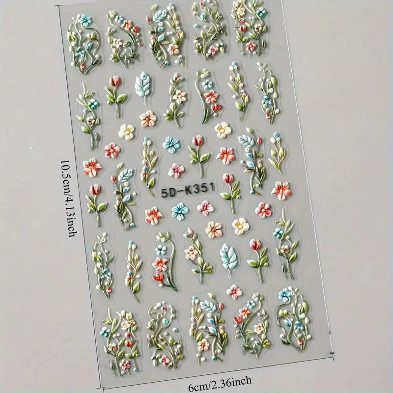 Autocollants pour ongles motif fleur de lys rose - Motifs fleurs roses et feuilles vertes