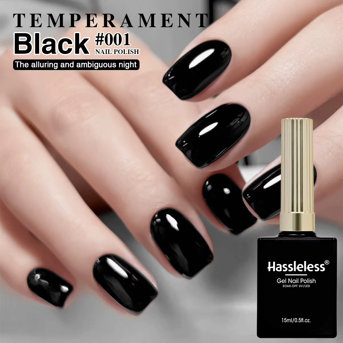 Vernis à ongles UV/LED noir Hassleless 15 ml — finition ultra brillante ; un incontournable pour les passionnés de nail art ; idéal pour les manucures françaises.