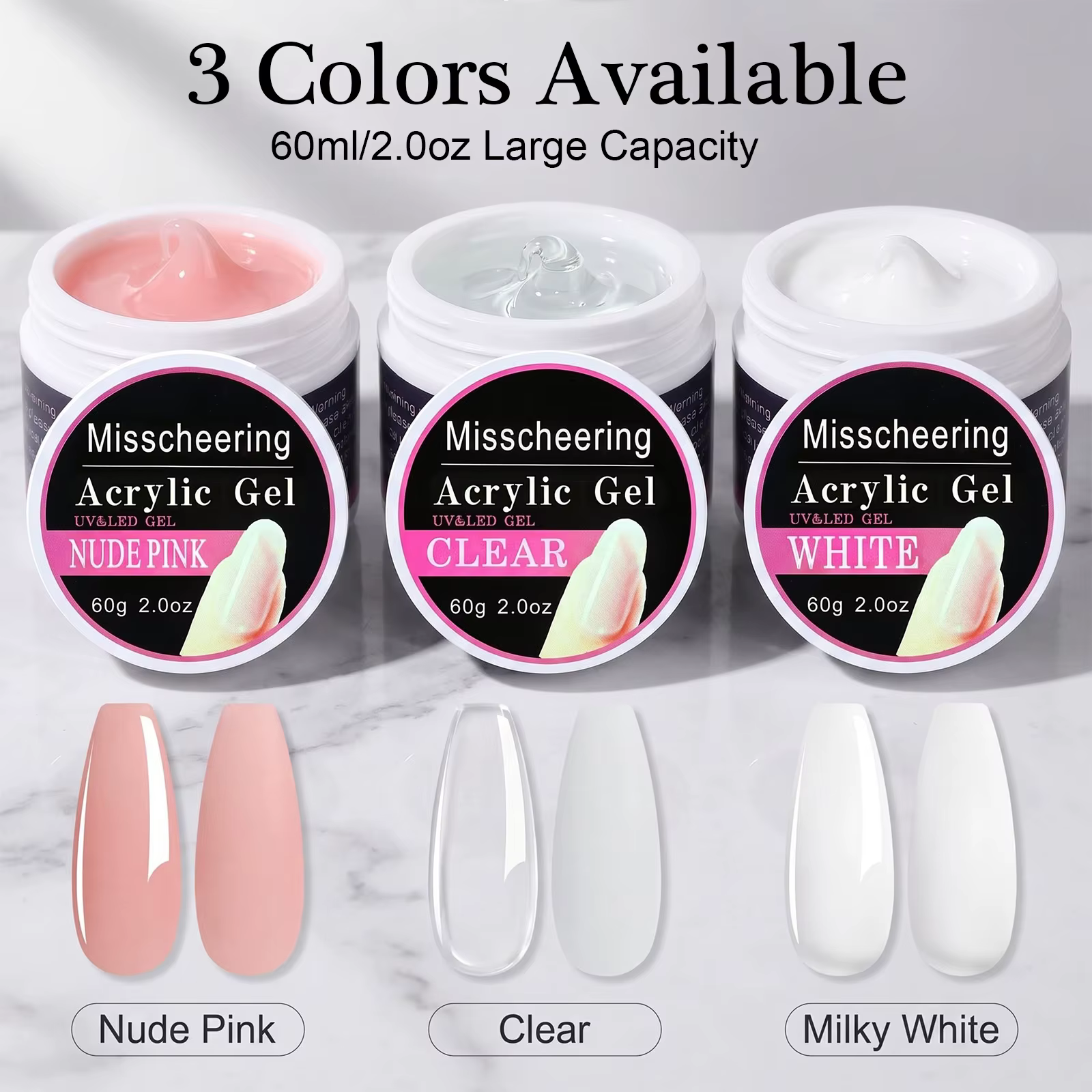 Misscheering Gel de construction pour ongles 60ml Transparent / Rose Nude / Blanc Gel UV LED dur pour réparation et