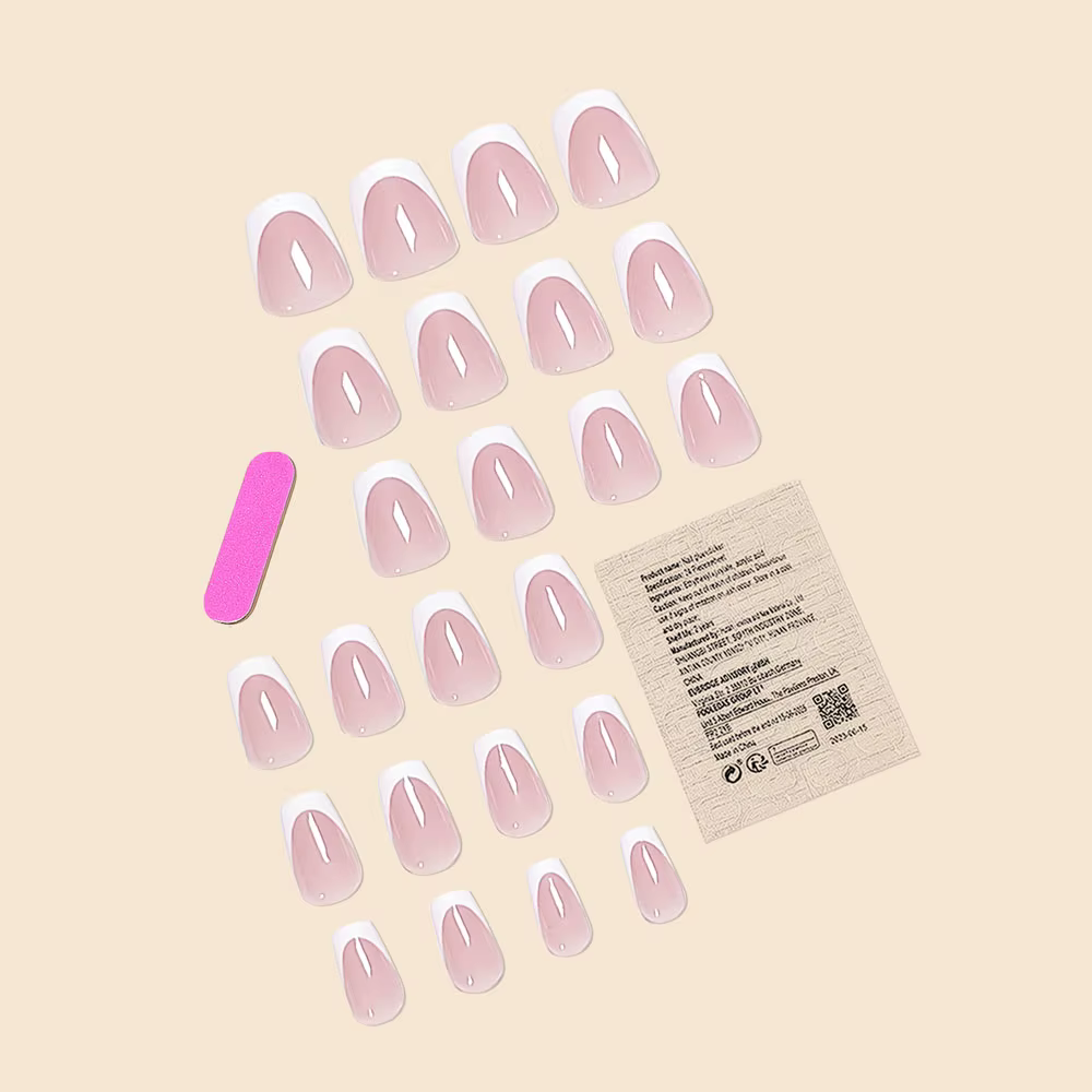 Tendance de la mode femmes filles 24 pièces/ensemble court Ballet rose français blanc bordure couverture complète portable faux ongles presse sur Nail Art