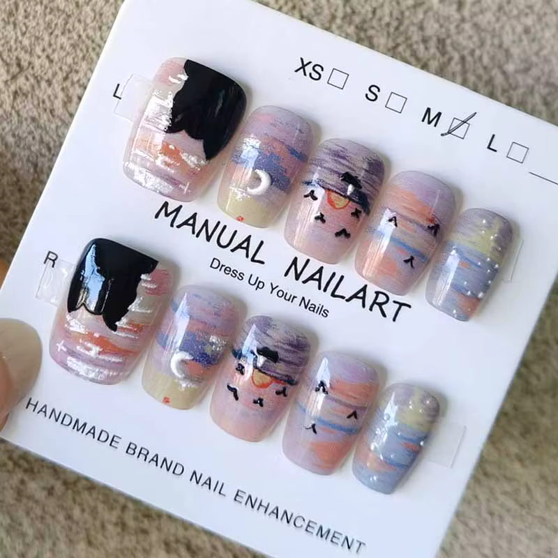 10 pièces automne et hiver Nail Art Maillard presse sur les ongles dessin animé mignon givré raton laveur peinture à