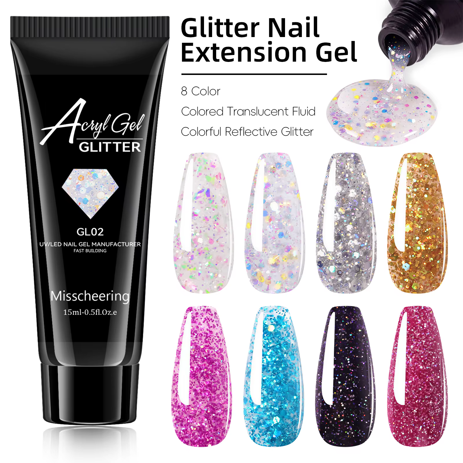 Misscheering Gel Acrylique Pailleté 15ml pour Extension d'Ongles