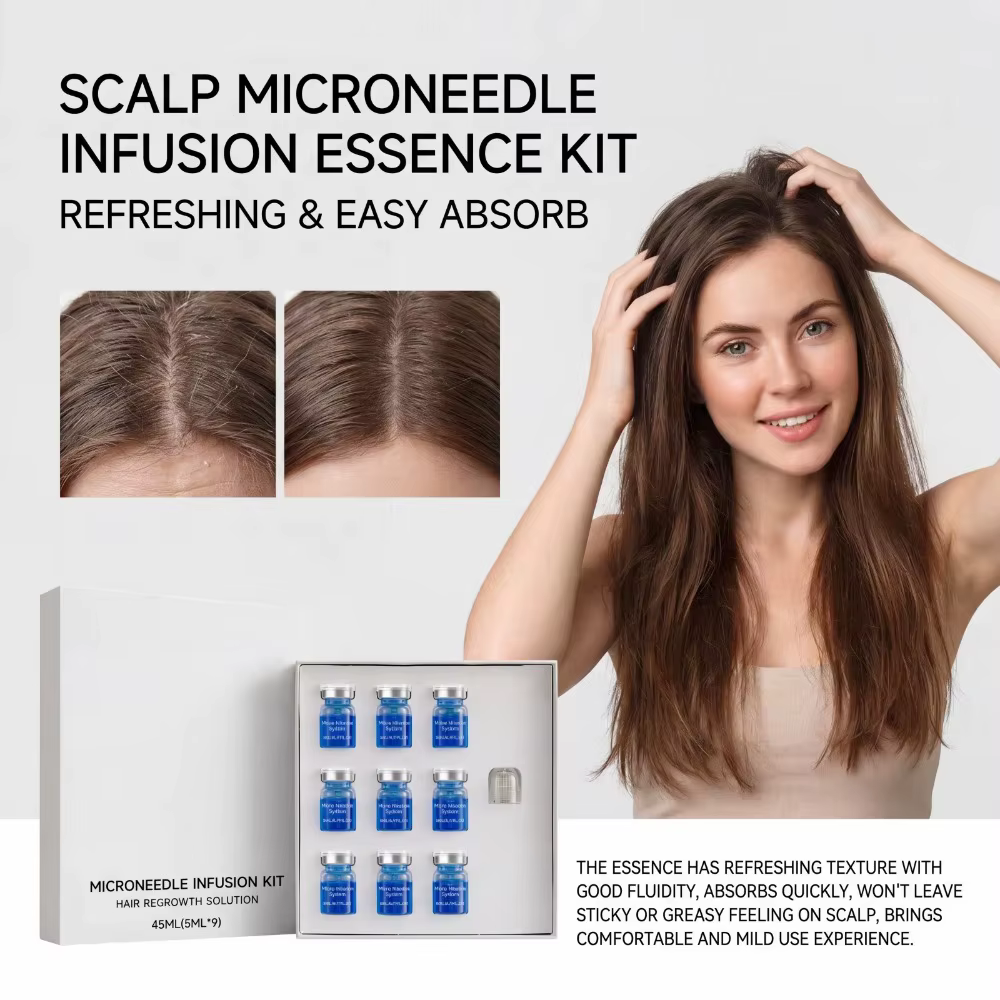 Kit de soins capillaires à micro-aiguilles pour usage domestique, contenant un sérum nutritif, formule douce pour l'entretien quotidien du cuir chevelu