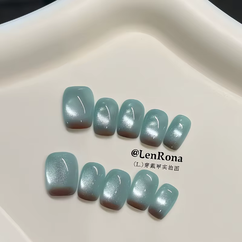 10 pièces ongles faits à la main élégant minimaliste doux et audacieux marron-bleu Ombre oeil de chat