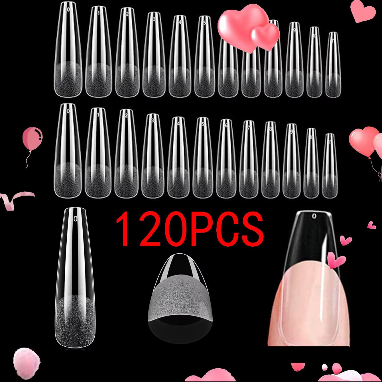 120 pièces faux ongles semi-givré clair cercueil